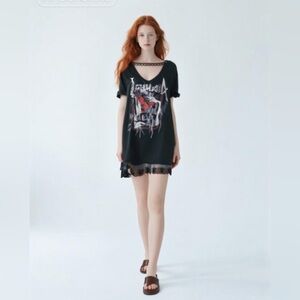 Ushuaia Ibiza black Graphic T-Shirt Dress with Lace Trim and studded chocker